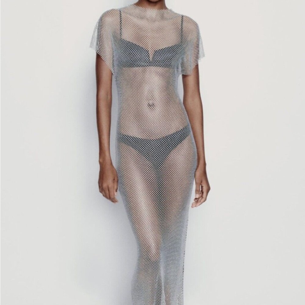 ZARA NEW NWT WOMAN MESH MIDI DRESS WITH RHINESTONES GREY 7901/931 SMALL S